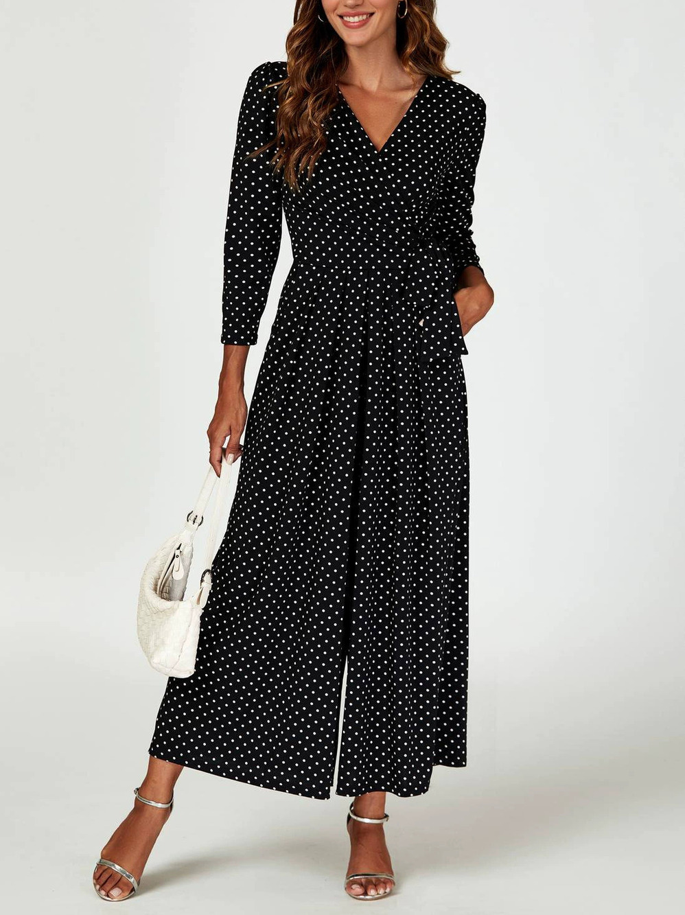 ZARA French Style Polka Dot Collar Waisted Long Sleeve Midi Vacation Dress